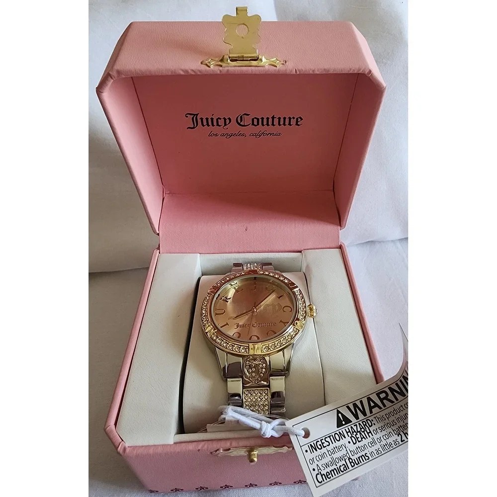 Juicy Couture Womens Two Tone Crystal Bezel Watch Gold Dial JC/1350SVGP